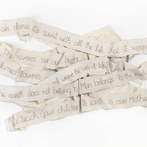 “Chief Seattle’s words to the President “ 2019. 7 panels of cotton woven cloth. Hand embroidered with metallic threads. 5’ x 5” each