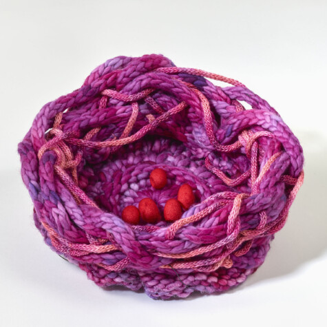 “Nesting” 2017 12” x 12” Hand Knit with kettle dye merino yarn.