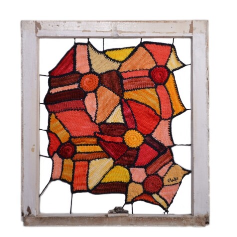 "The Fire Within" 2017. 27" x 24" x 1 1/2". Hand dyed wool on reclaimed window frame.