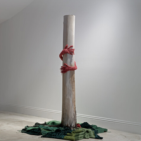 "Worth Holding on to" 2018. 7' x 3.5' x 3'. Rainbow eucalyptus tree trunk with silky merino hand knit hands and grass.