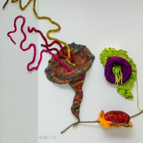 Hand dyed wool and other natural fibers. Wires.