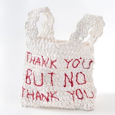 Hand crocheted with plastic yarn. Embroidered with cotton thread. 2020.