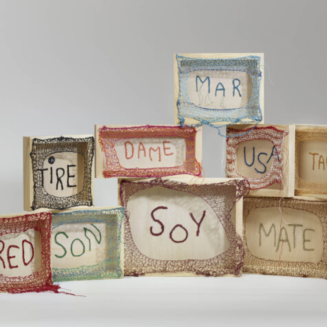 "Lost and found in translation" 2020. Crocheted and knit notes with waxed linen. 8" x 8" x 1.5", 12" x 8" x 1.5"