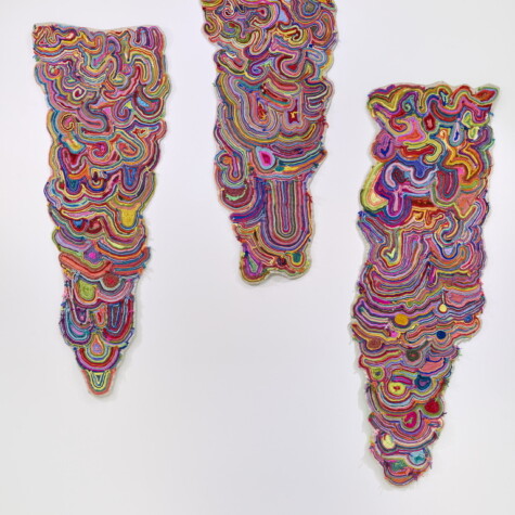"Free Spirit" 2021.3 panels, 80" x 30" each. Hand dyed yarn applied/embroidered onto linen canvas.