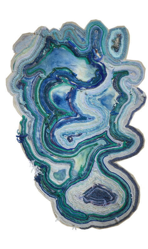 "Overflowing Dreams" 2022. 3' x 2'. Hand dyed yarn applied and embroidered onto linen canvas.