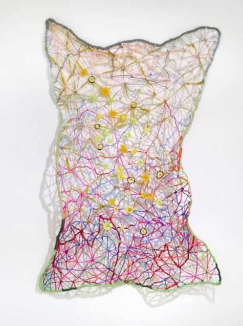 "Past, Present and Future Connections. 2020". 60" x 40". Free form weaving with thread and yarn. Wire frame.